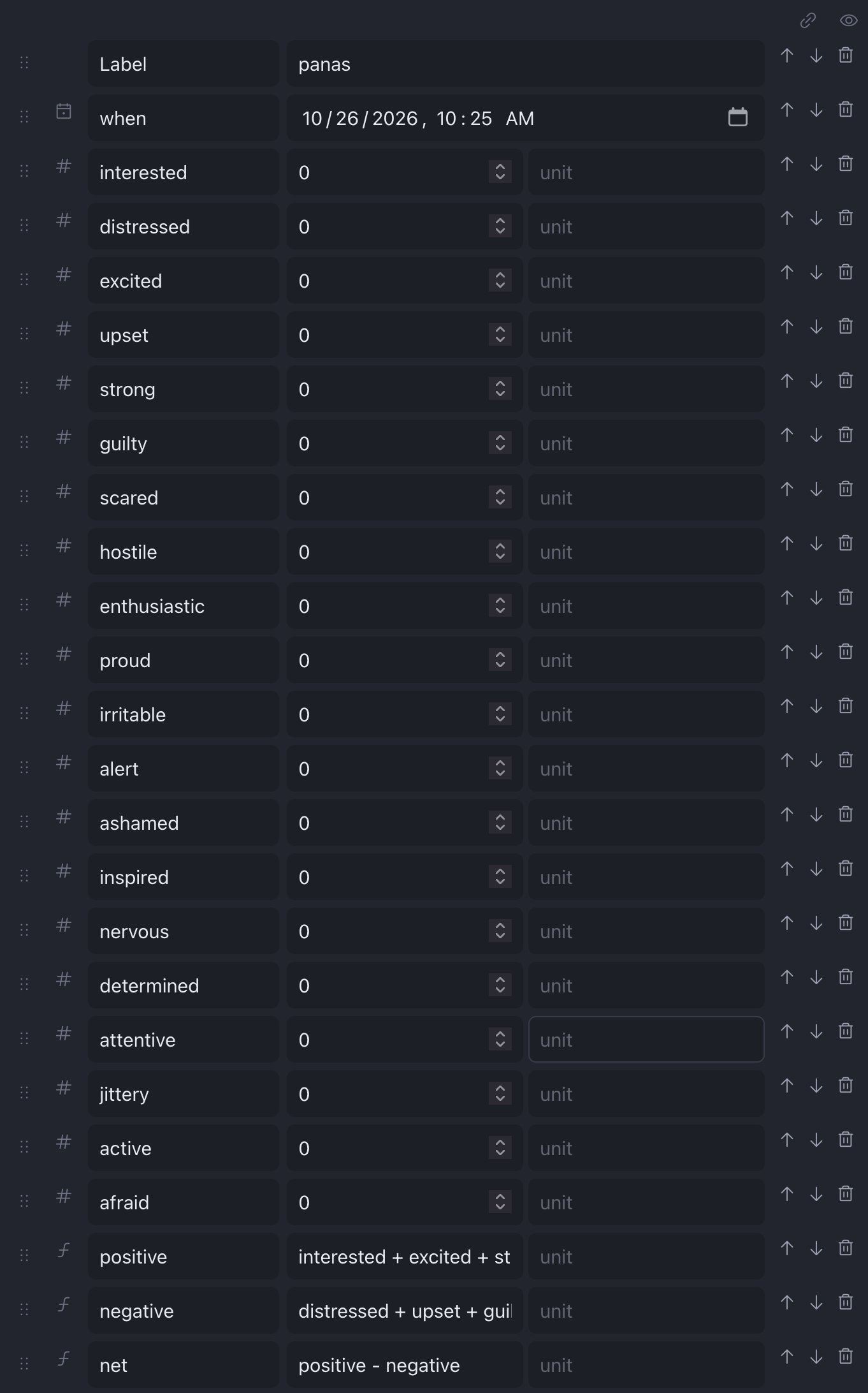 Twenty number inputs to enter a PANAS survey