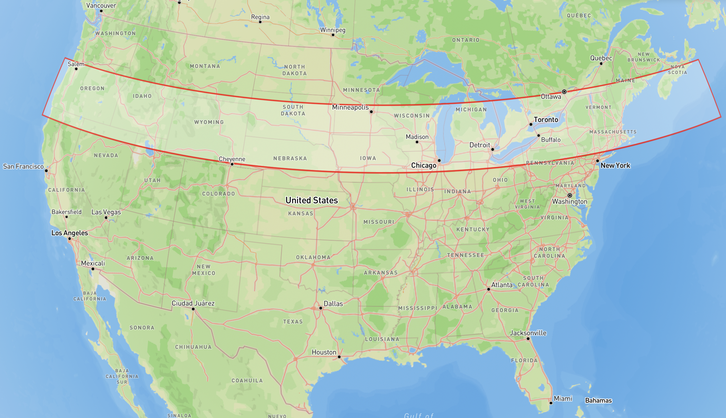Map of English-speaking latitudes between 41.3°N and 45.3°N